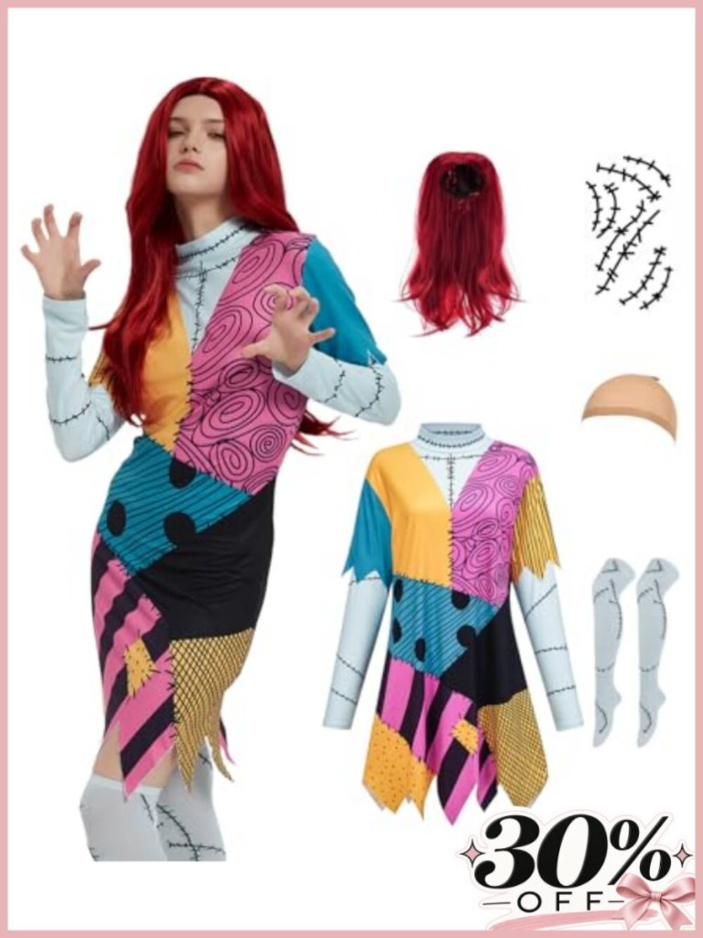 Patchwork Dress Costume Set Long Sleeve Halloween Women's Cosplay